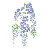 Decorative design of blue flowers with green leaves on a white background