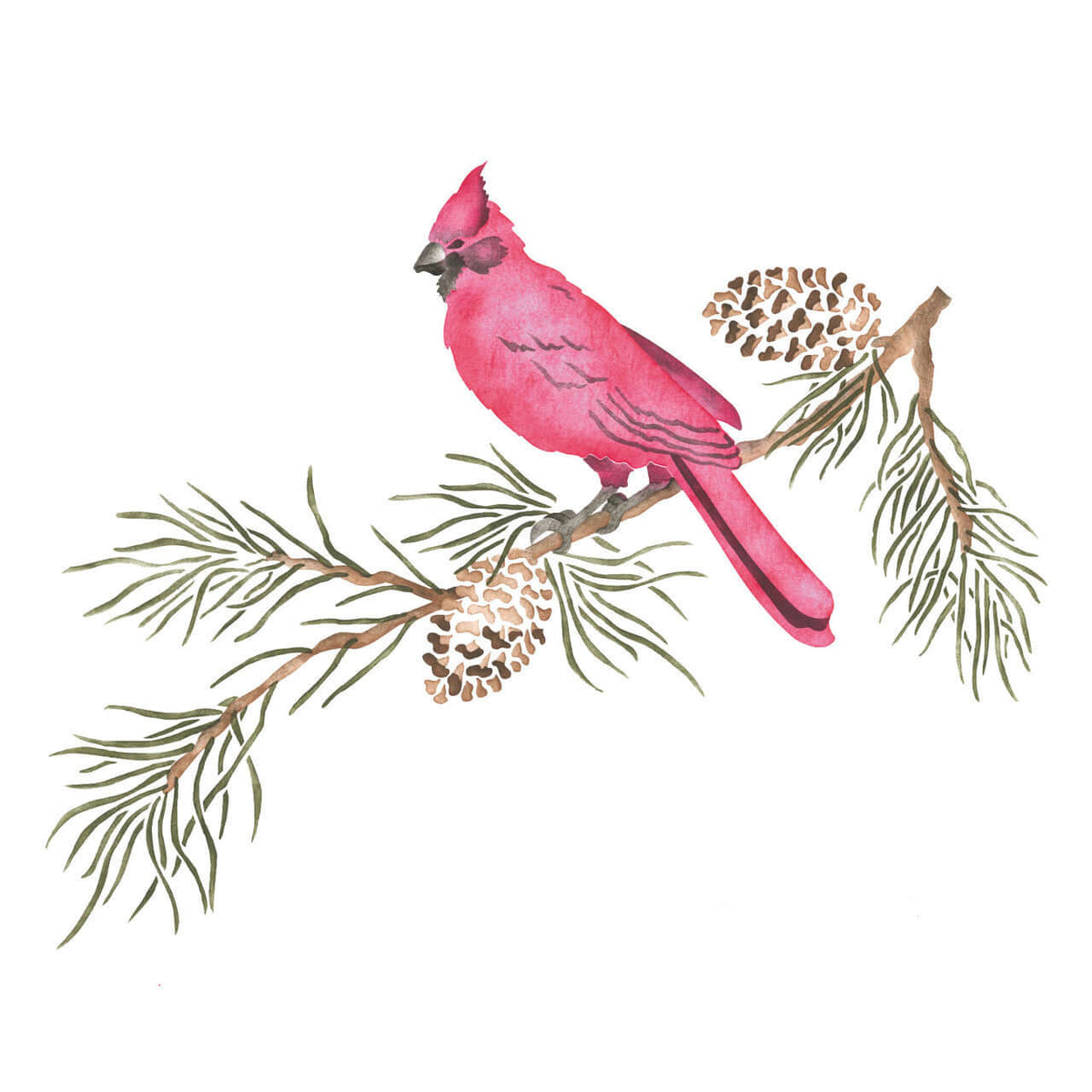 Cardinal on a Pine Branch Stencil for Walls and Decor