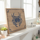 Nautical-themed placemat with blue crab design on beige background