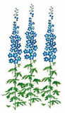 Three blue flowers with green stems on a white background