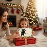 Woman and child in a festive living room with Christmas decorations, holding a gift and card.
