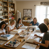 Group of women engaged in a craft activity in a cozy room with shelves and a couch.