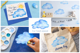 Collage of cloud-themed products including a card, wall stickers, and tote bag.