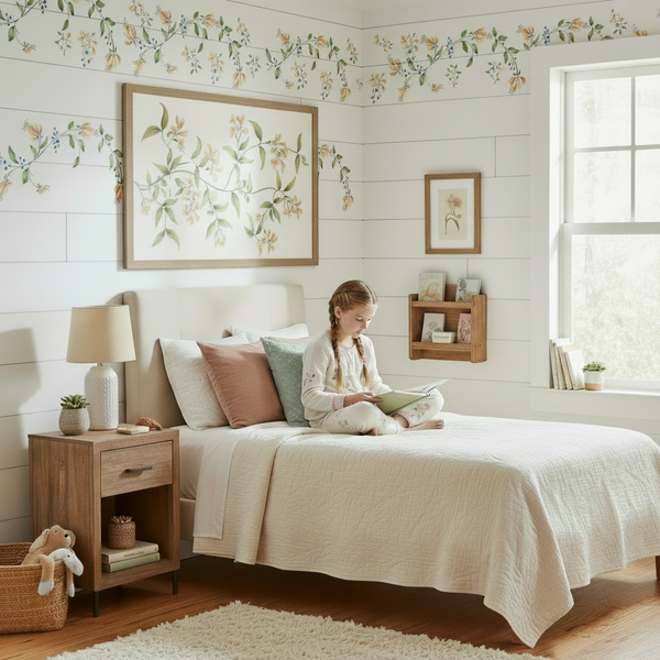 Child reading a book on a bed in a cozy bedroom with stenciled floral wallpaper and wooden furniture.