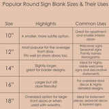 Chart showing popular round sign blank sizes and their common uses for decor and crafting.