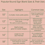 Chart detailing popular round sign blank sizes, uses, and highlights for crafting projects.