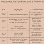 Chart showing popular round sign blank sizes and their common uses for decor and crafting.