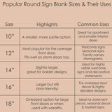 Chart showing popular round sign blank sizes and their common uses for decor and crafting.