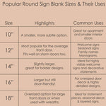Chart showing popular round sign blank sizes and their common uses for decor and crafting.