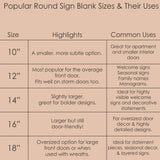 Chart showing popular round sign blank sizes and their common uses for decor and crafting.