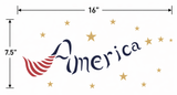 Logo of 'America' with a red and blue design and gold stars, with measurements indicated.