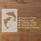 Laser cut Mylar with dolphin design on a wooden surface, featuring text about product features.