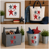 Collage of home decor items with star designs on a wooden surface.