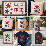 Collage of patriotic decor items with stars and text, including a sign, pillows, mug, and t-shirt.