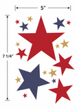 Red, blue, and gold star decals with measurements on a white background