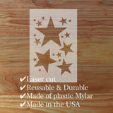 Laser cut star design on a wooden surface with text about product features.