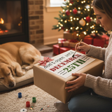Woman preparing a Christmas gift with a dog by a fireplace and decorated tree.