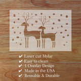 Laser cut Mylar with deer design on a wooden surface, featuring text about product features.