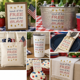 Collage of 'Land of the Free Home of the Brave' themed products including a sign, cooler, tote bag, mug, and other items.