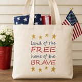 Land of the Free Stencil that has been painted onto a tote bag