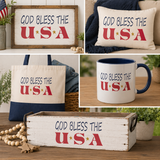 Collage of 'God Bless the USA' decor items including a sign, pillow, mug, tote bag, and wooden box.