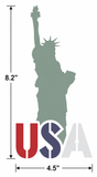 Silhouette of the Statue of Liberty with dimensions labeled on a white background