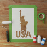 Statue of Liberty with 'USA' stencil in use, ready to paint onto any surface.