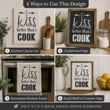 Collage of 'I Kiss Better Than I Cook' design applied to various kitchen items.
