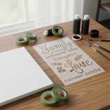 Wooden plaque with engraved text 'Family where life begins, love never ends' on a wooden surface.