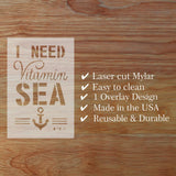 Wooden sign with 'I Need Vitamin Sea' text and anchor symbol on a wooden background with product features listed.
