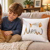 Meow Stencil Design painted on Pillow in a living room with kids playing with cat. Pillow Stencils