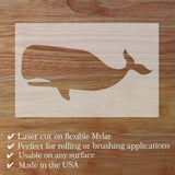 Reusable, laser-cut whale stencil with listed highlights and key features.