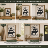 Framed wall art with various sizes displayed in different settings.