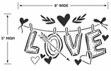 Decorative 'LOVE' sign with hearts and dimensions on a white background
