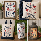Collage of 'Lived that I Love' themed products including a framed print, pillow, tote bag, tumbler, and lantern.