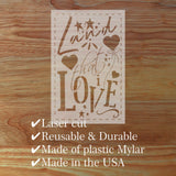 Decorative stencil with text on a wooden surface, featuring laser-cut, reusable, durable, plastic Mylar material.