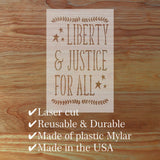 Wooden sign with 'Liberty & Justice for All' text on a wooden background