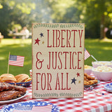 Text 'Liberty & Justice for All' with stars and leaves on a white background