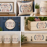 Collection of 'America Est. 1776' themed decor items including a sign, pillow, jar, and wooden box.