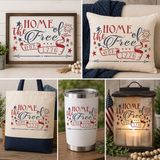 Collage of 'Home of the Free' decor items including a framed sign, pillow, tote bag, tumbler, and lantern.