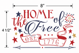 Decorative text with 'HOME of the Free est 1776' and patriotic elements on a white background