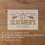 Laser cut sign for Old Seafarer's Bait Shop on a wooden background