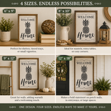 Framed 'Welcome Home' pineapple sign with different size options and suggested uses.
