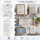 Decorative stencil with 'The Ocean is Calling and I Must Go' text, shown on various surfaces.