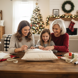 Three generations of women at a table with a Christmas tree and decorations in the background