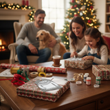 Family with a dog wrapping Christmas presents in a cozy living room.