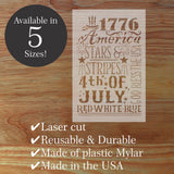 Stencil with 4th of July design on a wooden surface, featuring text and stars.
