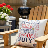 Fourth of July-themed design with text and stars in red, white, and blue.