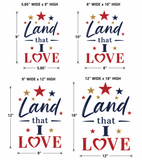 Dimensions of 'Land that I Love' text design with stars in various sizes.