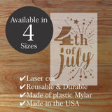 Wooden stenciled with '4th of July' text on a wooden surface with text about product features.